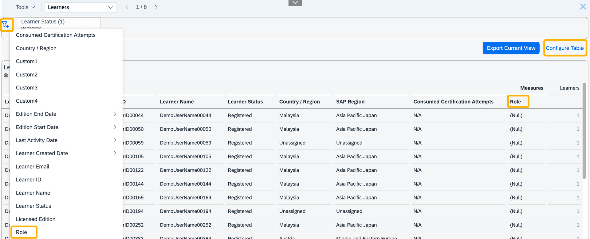 Screenshot of the Learners view in the Explore and Export Data section showing administrative users and the hidden Role field, which can be added or used as a filter to identify License Managers and Learning Analysts.