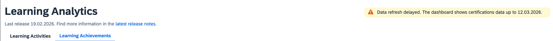 Image showing a yellow notice indicating a delay in data loading and displaying the date of the most recent available data.”