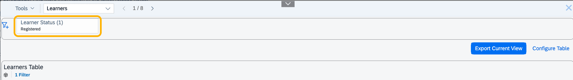 SAP Learning Hub dashboard showing the Explore and Export Data section, Learners view, with filter ‘Learner Status = Registered’ applied.