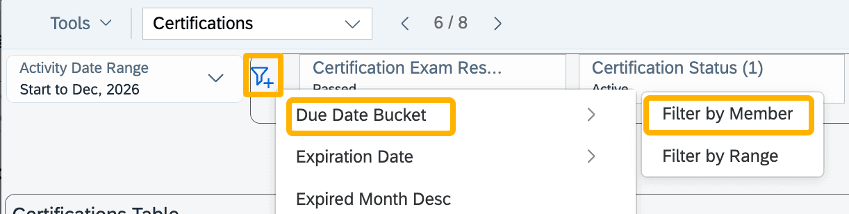 Screen showing how to add an additional filter by selecting “Filter by Member” for the Due Date Bucket dimension.